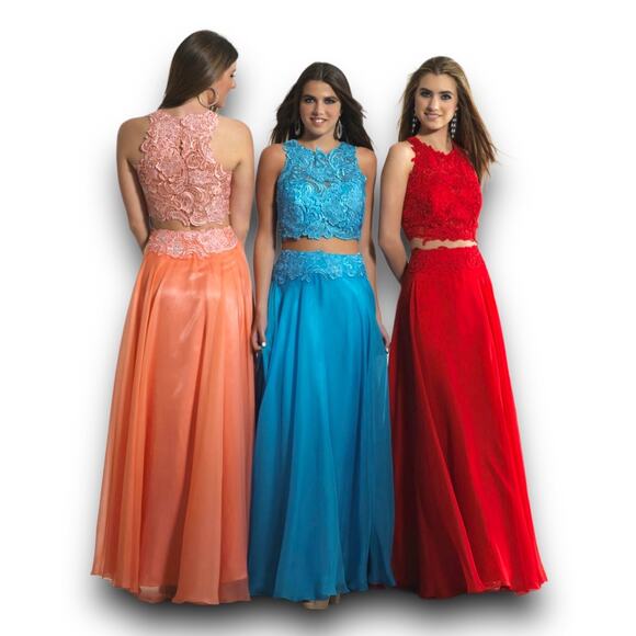 Dave & Johnny Red Two Piece Lace Halter Top Maxi Skirt Prom Gown 2pc Set 11 / 12 - Picture 1 of 15